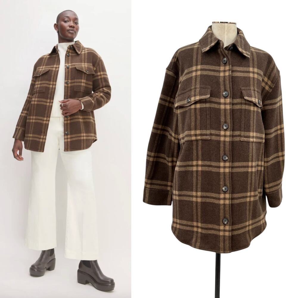 Everlane The Italian Rewool Oversized Shirt Jacket Plaid Brown Size XL